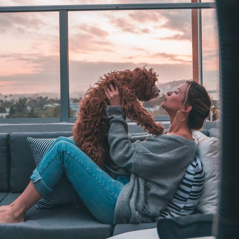 woman sitting on balcony with dog woman sitting on balcony with dog